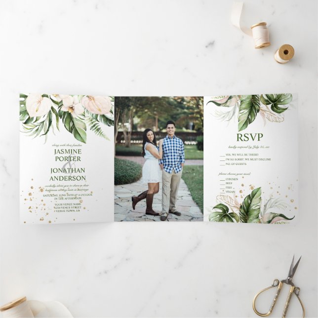 Invitation Trois Volets Mariage photo rose pâle vert tropical (Intérieur)