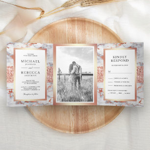 Invitation Trois Volets Mariage photo rose Parties scintillant or Marbre b