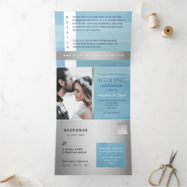 Invitation Trois Volets Mariage photo Silver Blue Typographie