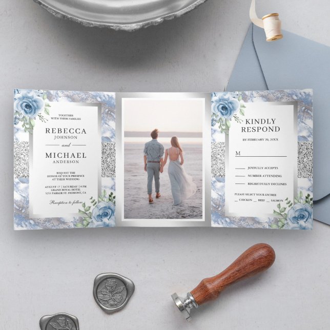 Invitation Trois Volets Mariage photo Silver Foil Dusty Blue Floral Marble (Créateur téléchargé)