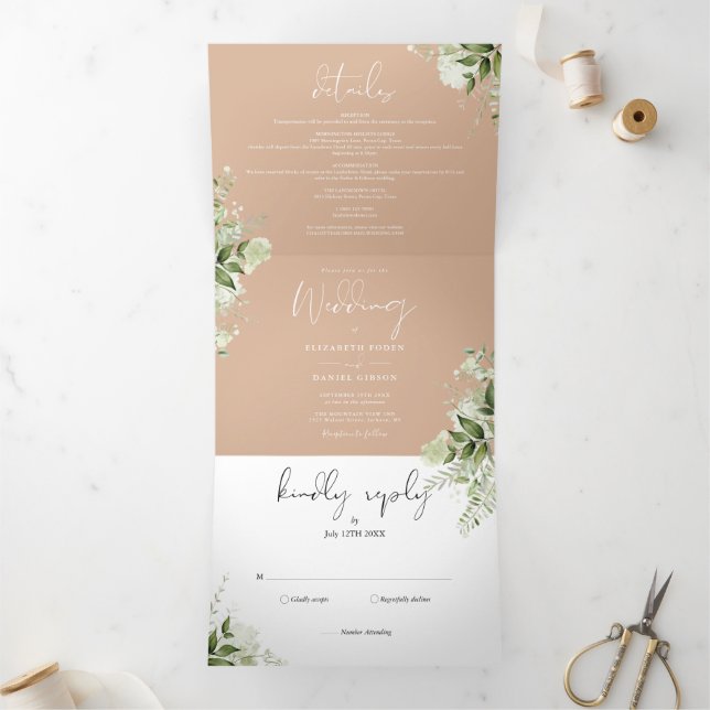 Invitation Trois Volets Mariage photo Tan Modern Botanical Greenery (Intérieur)
