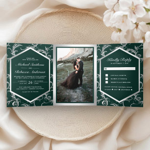 Invitation Trois Volets Mariage Photo Tourbillon Argent Vert Emeraude