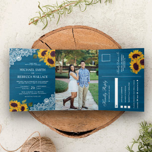 Invitation Trois Volets Mariage Photo Tournesol Dentelle Bois Bleu Malibu