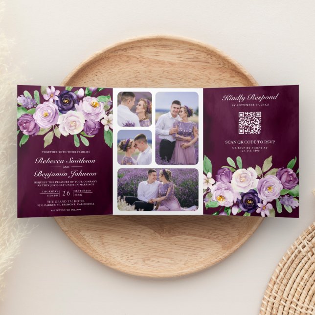 Invitation Trois Volets Mariage Plum Moody Plum Violet Floral QR Code fonc (Créateur téléchargé)