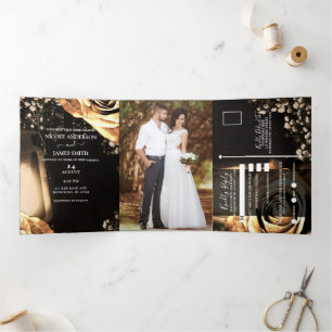 Invitation Trois Volets Mariage Romantique Rustique Lanternes & Roses Doré