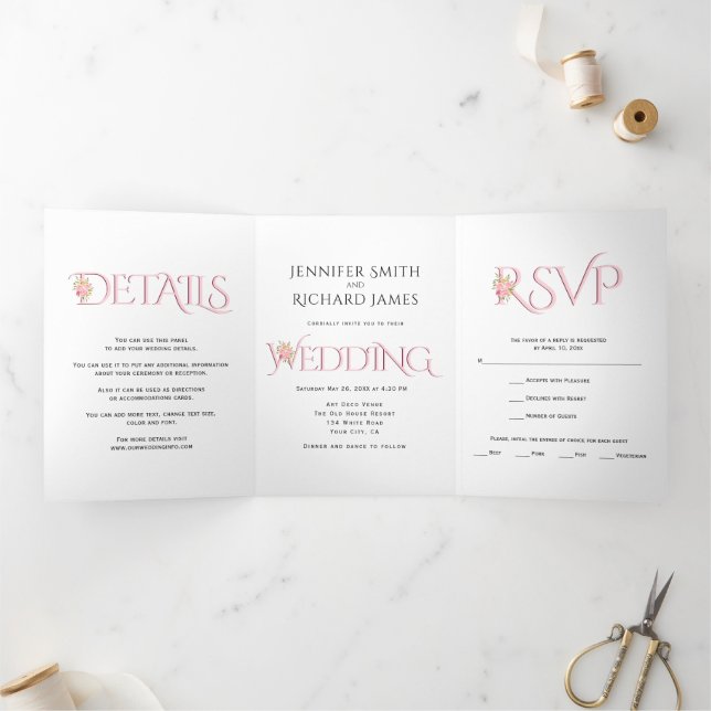 Invitation Trois Volets Mariage rose pâle avec roses roses roses (Intérieur)