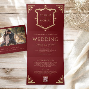 Invitation Trois Volets Mariage Rouge Marron Code QR Couronne Dorée Vintag
