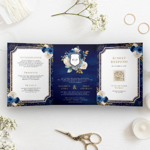 Invitation Trois Volets Mariage Royal Blue Or Floral Combinaison Intégrale