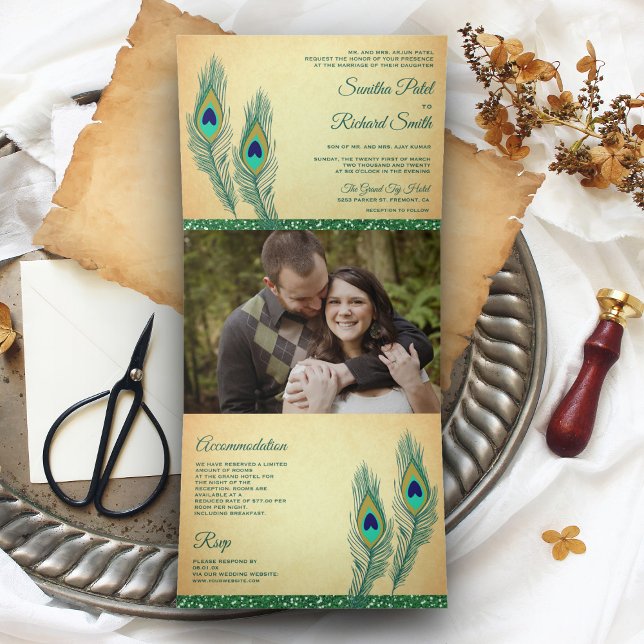 Invitation Trois Volets Mariage Rustic Green Indian Peacock Feathes (Créateur téléchargé)