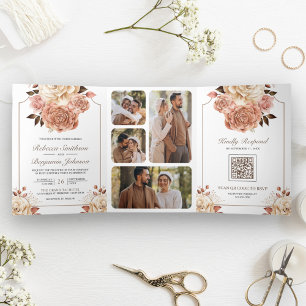 Invitation Trois Volets Mariage Rustique Boho Rose Gold Ivoire Code QR Flo