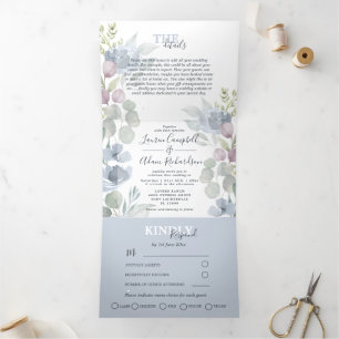 Invitation Trois Volets Mariage Rustique Eucalyptus Floral Bleu Poussiéreu