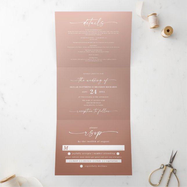Invitation Trois Volets Mariage simple en terre cuite et rose pâle (Intérieur)
