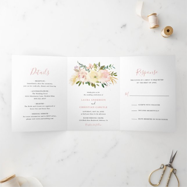 Invitation Trois Volets Mariage simple rose rose floral élégant (Intérieur)