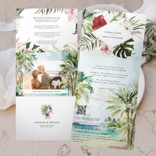 Invitation Trois Volets Mariage sur la plage avec des palmiers tropicaux