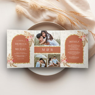 Invitation Trois Volets Mariage Terreux Bohème Floral Pampas Terracotta