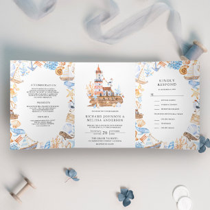 Invitation Trois Volets Mariage thème nautique phare aquarelle