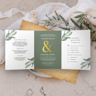 Invitation Trois Volets Mariage Tout en Un Branche de Feuilles d'Olive Ver