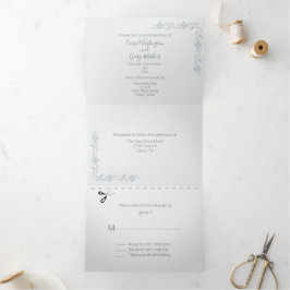 Invitation Trois Volets Mariage Tout en Un Chic Blanc avec Fleurs Sarcelle