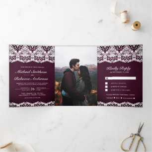 Invitation Trois Volets Mariage Tout en Un Dentelle de Bois de Prunier Cam
