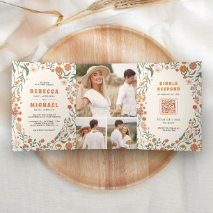Invitation Trois Volets Mariage tout en un Fleur sauvage groovy Orange crè