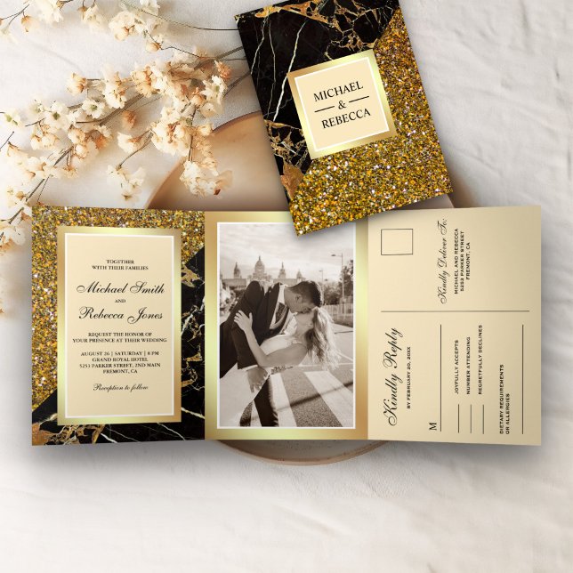 Invitation Trois Volets Mariage Tout en Un Marbre Noir Paillettes Or Faux (Créateur téléchargé)
