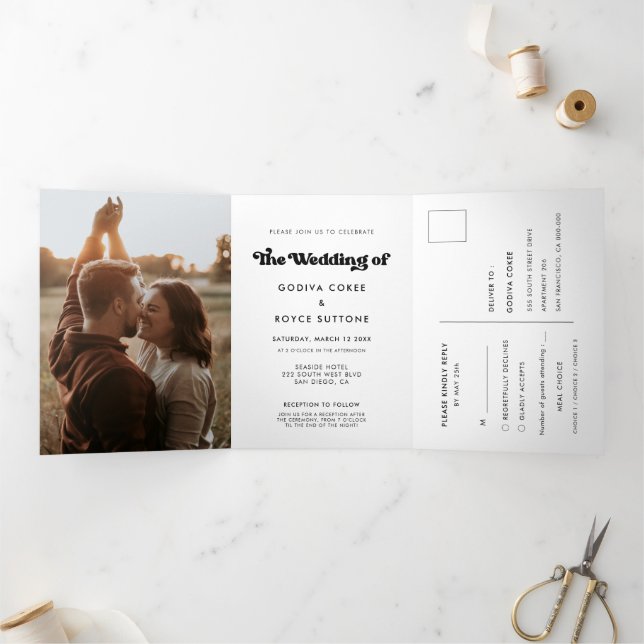 Invitation Trois Volets Mariage tout en un noir et blanc rétro élégant (Intérieur)