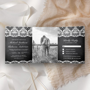 Invitation Trois Volets Mariage Tout en Un Tableau Noir Campagne Dentelle