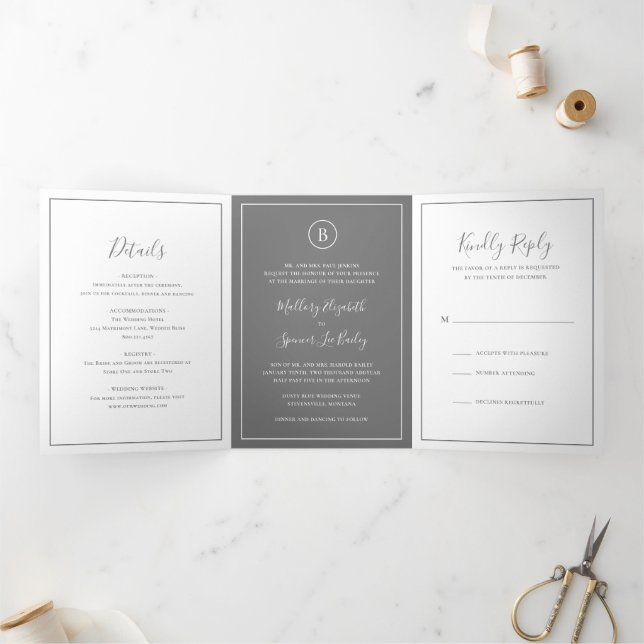 Invitation Trois Volets Mariage traditionnel gris élégant (Intérieur)