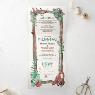 Invitation Trois Volets Mariage Triptyque Forestier Aquarelle Rustique