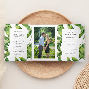 Invitation Trois Volets Mariage tropical Feuille à banane verte et blanche