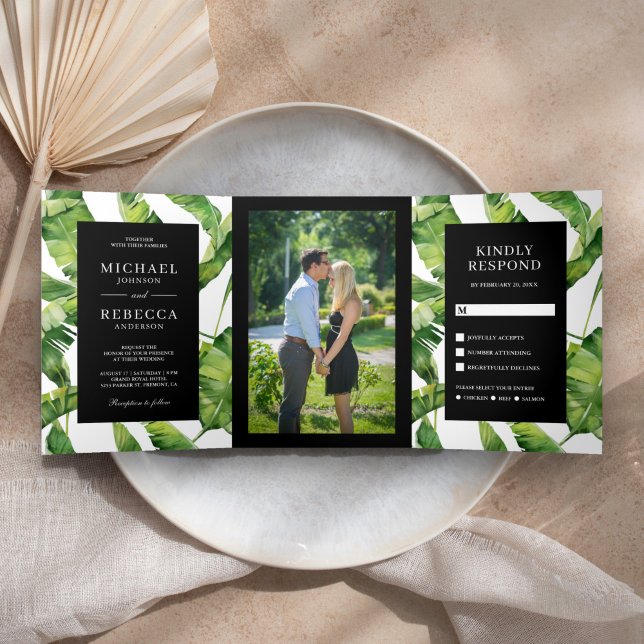 Invitation Trois Volets Mariage tropical Feuille à banane verte et noire (Créateur téléchargé)
