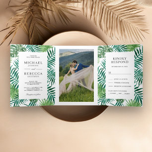Invitation Trois Volets Mariage tropical Feuille de palmier vert et blanc