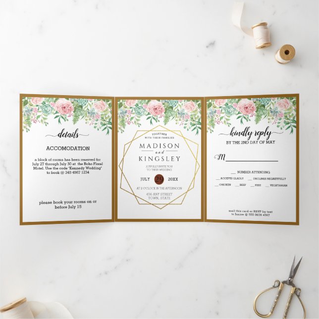Invitation Trois Volets Mariage végétal rose Fab (Intérieur)