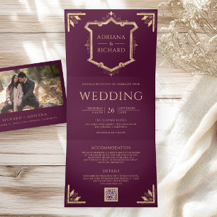 Invitation Trois Volets Mariage Vintage Gold Crest Code QR Prune Violet