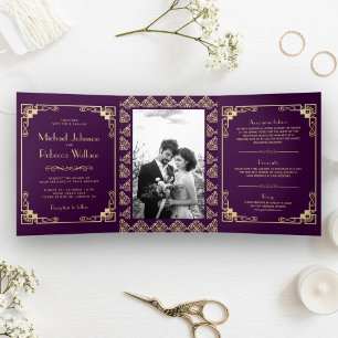 Invitation Trois Volets Mariage Violet et Or de Style Art Déco Vintage