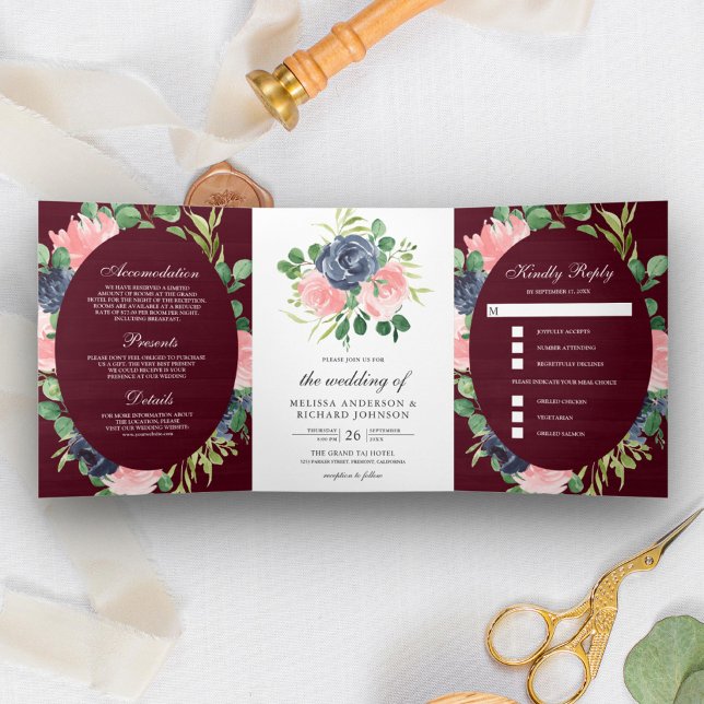 Invitation Trois Volets Marine bleu et rose pâle Floral Bourgogne Mariage (Créateur téléchargé)