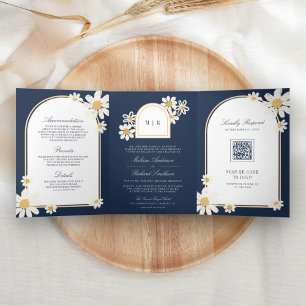 Invitation Trois Volets Marine Blue Cream Jaune Daisy Tout en un Mariage