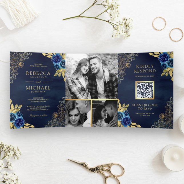 Invitation Trois Volets Marine Blue Floral Gold Lace QR Code Mariage (Créateur téléchargé)