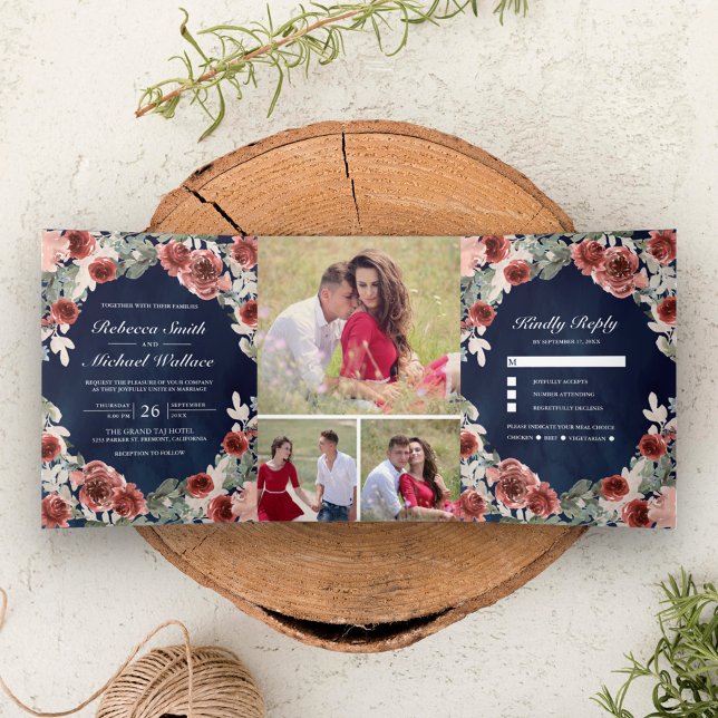 Invitation Trois Volets Marine Blue Marsala Floral Photo Collage Mariage (Créateur téléchargé)