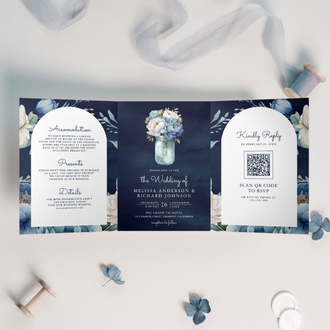 Invitation Trois Volets Marine Blue Peony Mason Jar QR Code Mariage (Créateur téléchargé)
