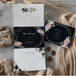 Invitation Trois Volets Marine Blush Floral Gold Mariage géométrique