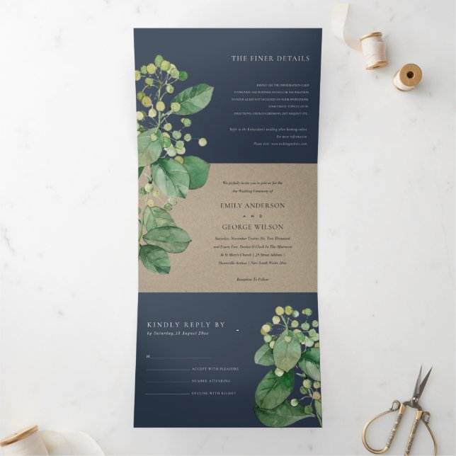 INVITATION TROIS VOLETS MARINE KRAFT BERRY LEAFY FOLIAGE MARIAGE VERT (Intérieur)
