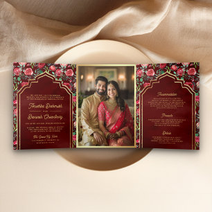 Invitation Trois Volets Maroon Red Roses Floral Gold Mariage indien