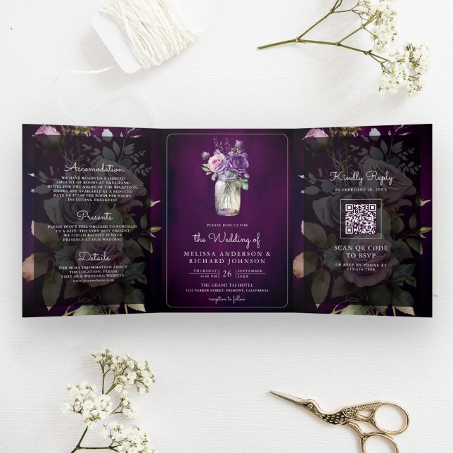 Invitation Trois Volets Mason floral violet foncé Jar QR Code Moody Mariag (Créateur téléchargé)