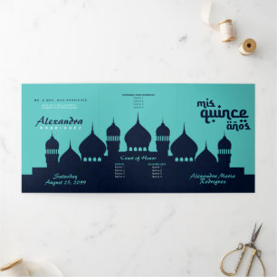 Invitation Trois Volets Minuit Turquoise Bleue Arabe Nights Quinceañera
