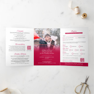Invitation Trois Volets Mistletoe rouge mariage option RSVP QR Code x2