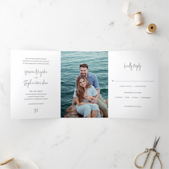 Invitation Trois Volets Modern Black and White Photo Chic Wedding (Intérieur)