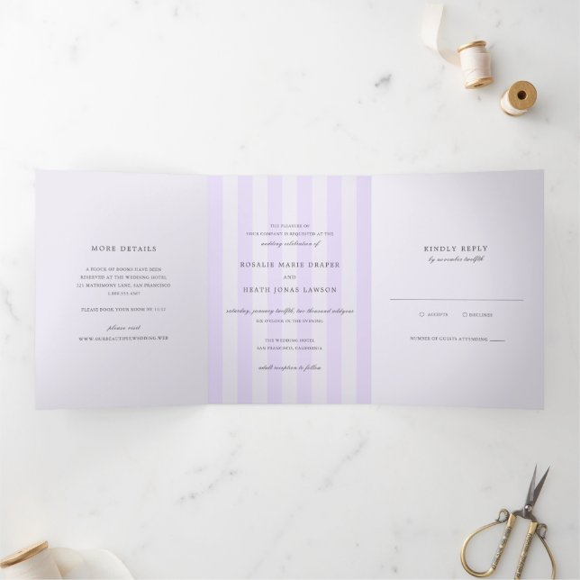 Invitation Trois Volets Modern Purple Stripes Elegant Wedding (Intérieur)