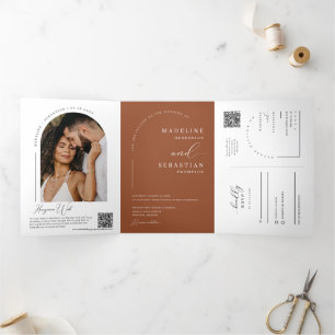 Invitation Trois Volets Modern Terracotta Boho Arch Photo QR Code Wedding