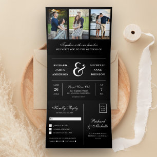 Invitation Trois Volets Moderne Mariage Collage Photo Minimaliste Noir 3 e